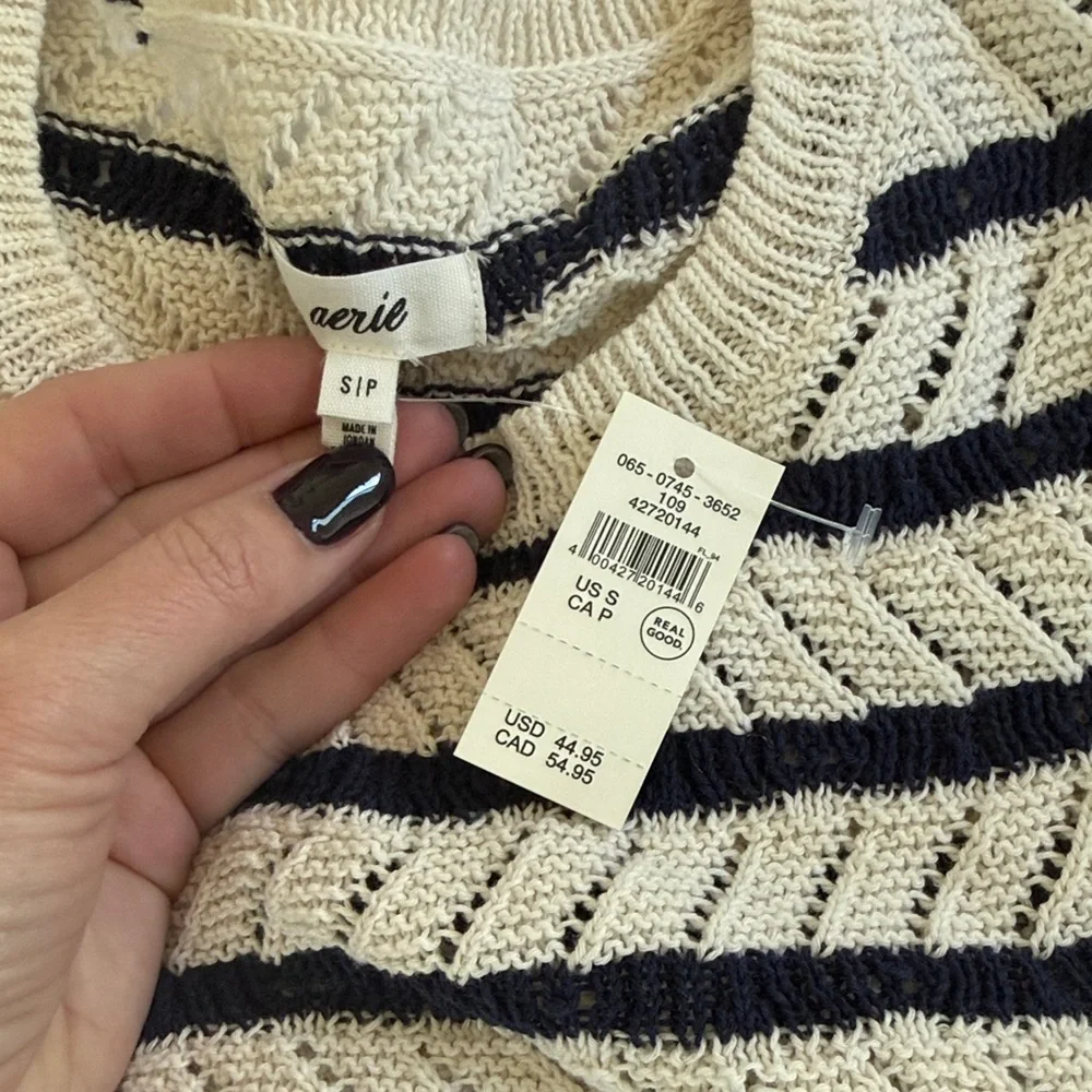 Aerie Cream and Navy Striped shrunken crop  Sweater - Picture 2 of 5